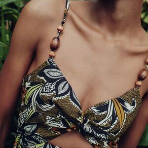 NWT❗️ZARA Printed Mini Dress With Cut-Out Detail Tropical Brown Yellow Size S 8